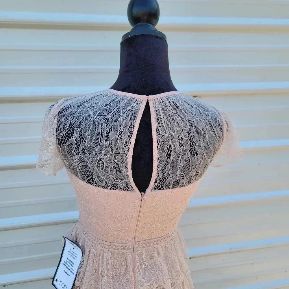 NWT ADRIANNA PAPELL Women's Satin Blush Pink Tiered Lace Mini A-Line Dress sz 0